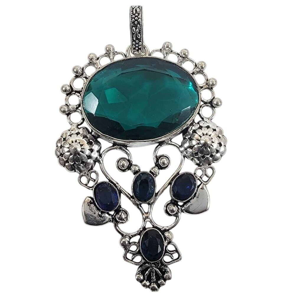 Handmade Silver Pendant with Emerald Green Quartz and Blue Sapphire Necklace